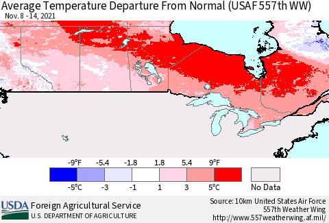 Canada Average Temperature Departure from Normal (USAF 557th WW) Thematic Map For 11/8/2021 - 11/14/2021