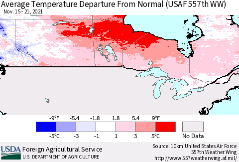 Canada Average Temperature Departure from Normal (USAF 557th WW) Thematic Map For 11/15/2021 - 11/21/2021