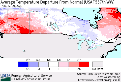 Canada Average Temperature Departure from Normal (USAF 557th WW) Thematic Map For 11/22/2021 - 11/28/2021