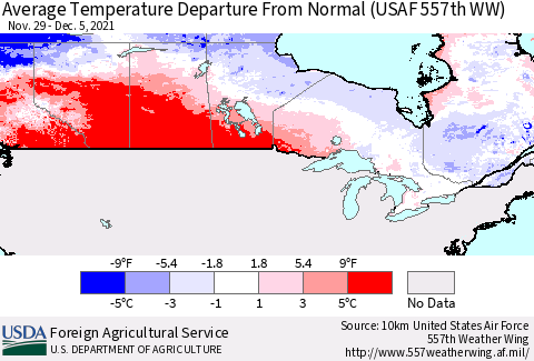 Canada Average Temperature Departure from Normal (USAF 557th WW) Thematic Map For 11/29/2021 - 12/5/2021