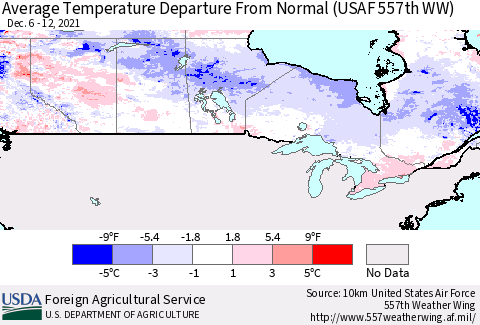 Canada Average Temperature Departure from Normal (USAF 557th WW) Thematic Map For 12/6/2021 - 12/12/2021