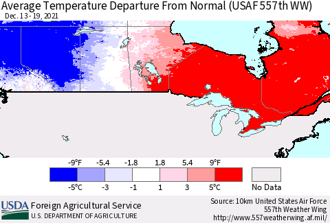 Canada Average Temperature Departure from Normal (USAF 557th WW) Thematic Map For 12/13/2021 - 12/19/2021