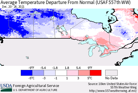 Canada Average Temperature Departure from Normal (USAF 557th WW) Thematic Map For 12/20/2021 - 12/26/2021