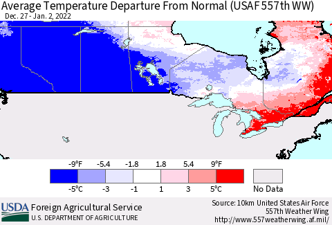 Canada Average Temperature Departure from Normal (USAF 557th WW) Thematic Map For 12/27/2021 - 1/2/2022