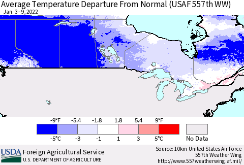 Canada Average Temperature Departure from Normal (USAF 557th WW) Thematic Map For 1/3/2022 - 1/9/2022