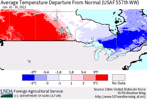 Canada Average Temperature Departure from Normal (USAF 557th WW) Thematic Map For 1/10/2022 - 1/16/2022