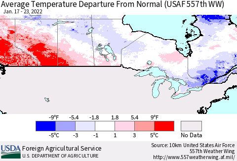 Canada Average Temperature Departure from Normal (USAF 557th WW) Thematic Map For 1/17/2022 - 1/23/2022