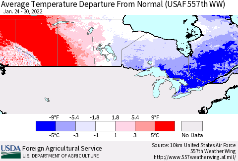 Canada Average Temperature Departure from Normal (USAF 557th WW) Thematic Map For 1/24/2022 - 1/30/2022