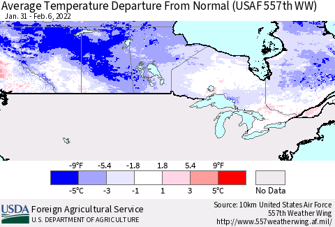 Canada Average Temperature Departure from Normal (USAF 557th WW) Thematic Map For 1/31/2022 - 2/6/2022