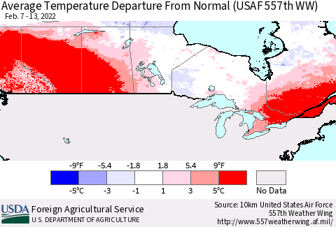 Canada Average Temperature Departure from Normal (USAF 557th WW) Thematic Map For 2/7/2022 - 2/13/2022
