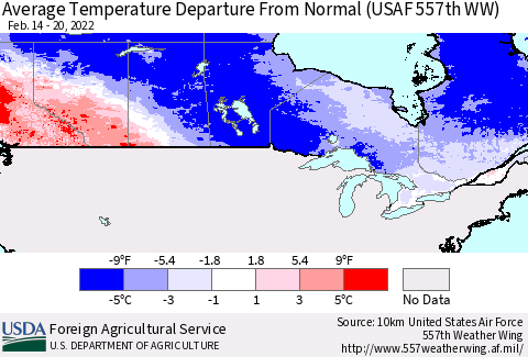 Canada Average Temperature Departure from Normal (USAF 557th WW) Thematic Map For 2/14/2022 - 2/20/2022