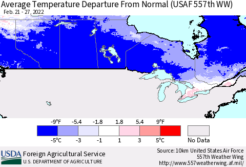 Canada Average Temperature Departure from Normal (USAF 557th WW) Thematic Map For 2/21/2022 - 2/27/2022