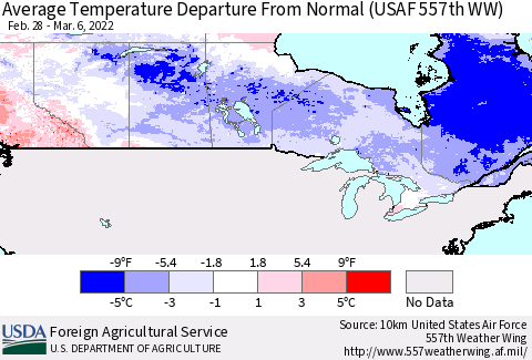 Canada Average Temperature Departure from Normal (USAF 557th WW) Thematic Map For 2/28/2022 - 3/6/2022