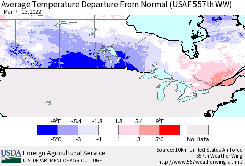 Canada Average Temperature Departure from Normal (USAF 557th WW) Thematic Map For 3/7/2022 - 3/13/2022