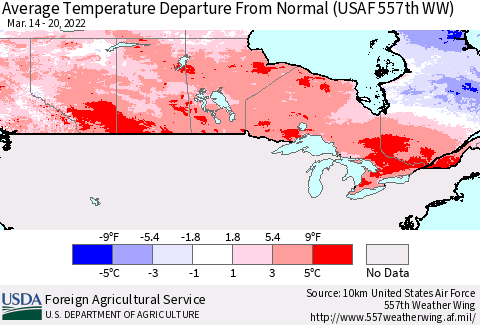 Canada Average Temperature Departure from Normal (USAF 557th WW) Thematic Map For 3/14/2022 - 3/20/2022