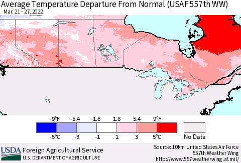 Canada Average Temperature Departure from Normal (USAF 557th WW) Thematic Map For 3/21/2022 - 3/27/2022