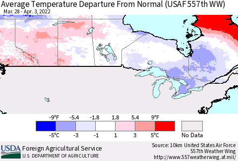 Canada Average Temperature Departure from Normal (USAF 557th WW) Thematic Map For 3/28/2022 - 4/3/2022