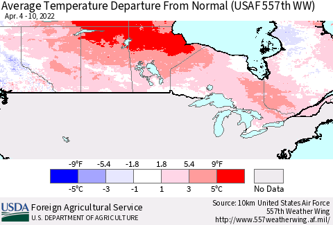 Canada Average Temperature Departure from Normal (USAF 557th WW) Thematic Map For 4/4/2022 - 4/10/2022