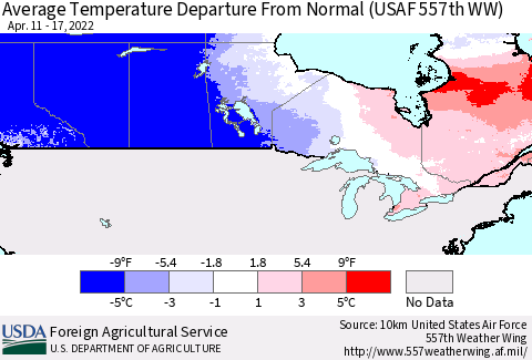 Canada Average Temperature Departure from Normal (USAF 557th WW) Thematic Map For 4/11/2022 - 4/17/2022