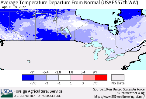 Canada Average Temperature Departure from Normal (USAF 557th WW) Thematic Map For 4/18/2022 - 4/24/2022