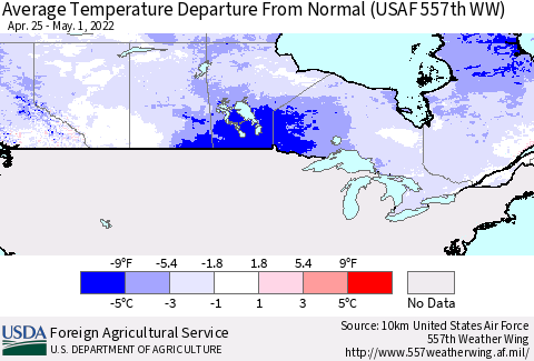 Canada Average Temperature Departure from Normal (USAF 557th WW) Thematic Map For 4/25/2022 - 5/1/2022
