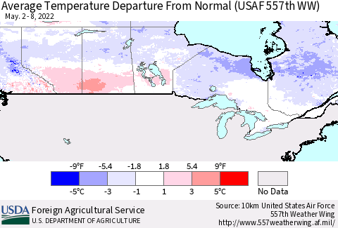 Canada Average Temperature Departure from Normal (USAF 557th WW) Thematic Map For 5/2/2022 - 5/8/2022