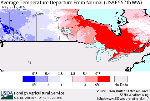 Canada Average Temperature Departure from Normal (USAF 557th WW) Thematic Map For 5/9/2022 - 5/15/2022