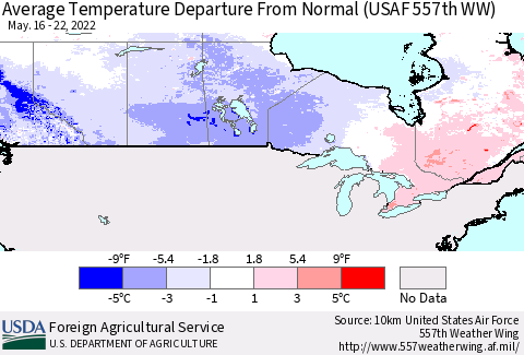Canada Average Temperature Departure from Normal (USAF 557th WW) Thematic Map For 5/16/2022 - 5/22/2022