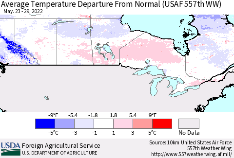Canada Average Temperature Departure from Normal (USAF 557th WW) Thematic Map For 5/23/2022 - 5/29/2022