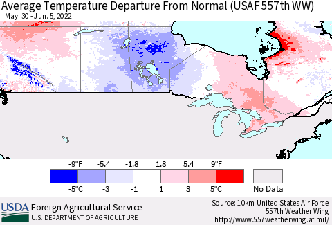 Canada Average Temperature Departure from Normal (USAF 557th WW) Thematic Map For 5/30/2022 - 6/5/2022