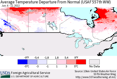 Canada Average Temperature Departure from Normal (USAF 557th WW) Thematic Map For 6/6/2022 - 6/12/2022