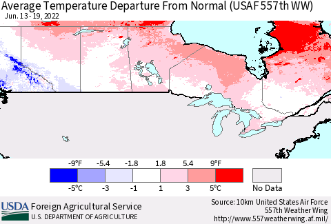 Canada Average Temperature Departure from Normal (USAF 557th WW) Thematic Map For 6/13/2022 - 6/19/2022