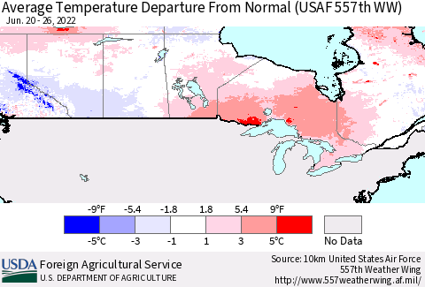 Canada Average Temperature Departure from Normal (USAF 557th WW) Thematic Map For 6/20/2022 - 6/26/2022
