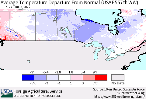 Canada Average Temperature Departure from Normal (USAF 557th WW) Thematic Map For 6/27/2022 - 7/3/2022