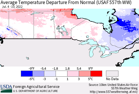 Canada Average Temperature Departure from Normal (USAF 557th WW) Thematic Map For 7/4/2022 - 7/10/2022