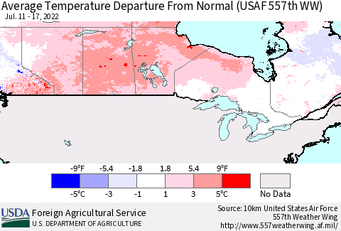 Canada Average Temperature Departure from Normal (USAF 557th WW) Thematic Map For 7/11/2022 - 7/17/2022