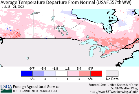 Canada Average Temperature Departure from Normal (USAF 557th WW) Thematic Map For 7/18/2022 - 7/24/2022