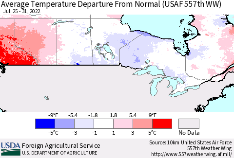 Canada Average Temperature Departure from Normal (USAF 557th WW) Thematic Map For 7/25/2022 - 7/31/2022