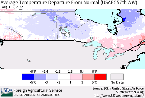 Canada Average Temperature Departure from Normal (USAF 557th WW) Thematic Map For 8/1/2022 - 8/7/2022
