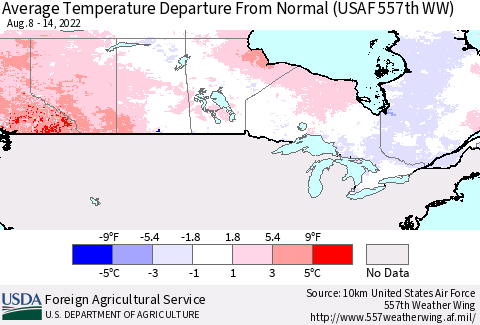 Canada Average Temperature Departure from Normal (USAF 557th WW) Thematic Map For 8/8/2022 - 8/14/2022