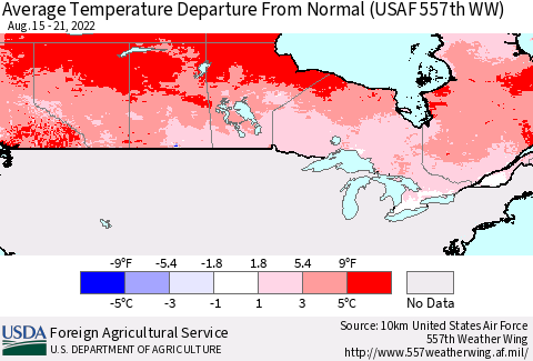 Canada Average Temperature Departure from Normal (USAF 557th WW) Thematic Map For 8/15/2022 - 8/21/2022