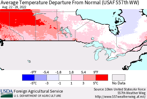 Canada Average Temperature Departure from Normal (USAF 557th WW) Thematic Map For 8/22/2022 - 8/28/2022