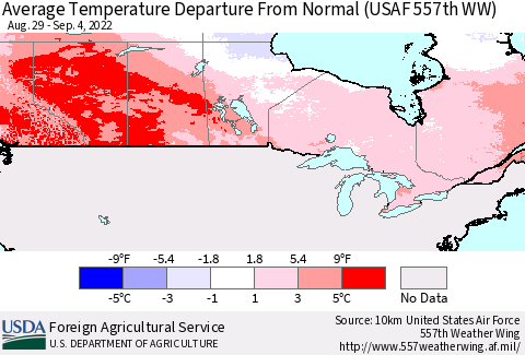 Canada Average Temperature Departure from Normal (USAF 557th WW) Thematic Map For 8/29/2022 - 9/4/2022