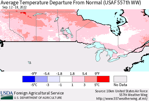 Canada Average Temperature Departure from Normal (USAF 557th WW) Thematic Map For 9/12/2022 - 9/18/2022