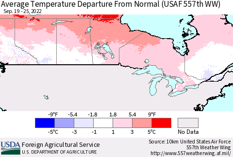 Canada Average Temperature Departure from Normal (USAF 557th WW) Thematic Map For 9/19/2022 - 9/25/2022