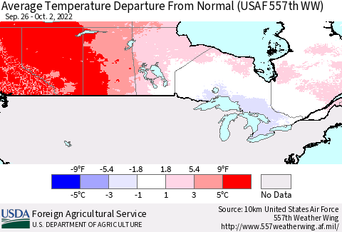 Canada Average Temperature Departure from Normal (USAF 557th WW) Thematic Map For 9/26/2022 - 10/2/2022