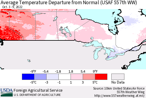 Canada Average Temperature Departure from Normal (USAF 557th WW) Thematic Map For 10/3/2022 - 10/9/2022