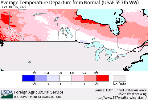 Canada Average Temperature Departure from Normal (USAF 557th WW) Thematic Map For 10/10/2022 - 10/16/2022