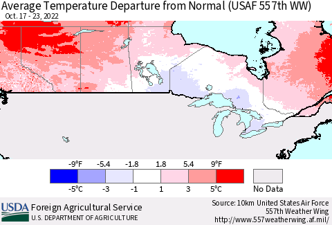 Canada Average Temperature Departure from Normal (USAF 557th WW) Thematic Map For 10/17/2022 - 10/23/2022