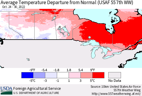 Canada Average Temperature Departure from Normal (USAF 557th WW) Thematic Map For 10/24/2022 - 10/30/2022